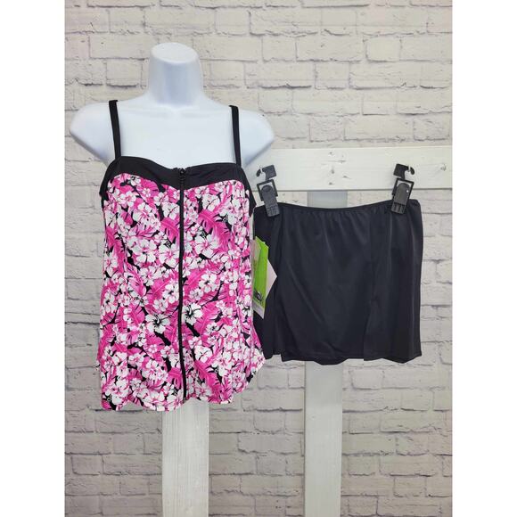 8R PINK A394010 Fit 4 U Bandeau Zip-Front Top Tankini with Slit Skirt - Picture 1 of 2